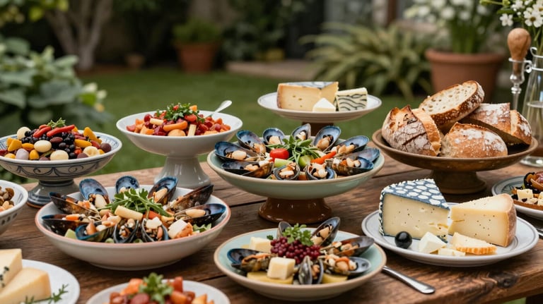 An outdoor wedding buffet in a lush garden, featuring a diverse selection of Mediterranean seafood, local Portuguese cheeses, and artisanal breads on elegant ceramic platters.