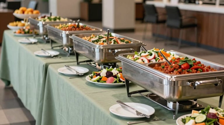 A wide shot of a professional catering buffet line for a corporate event. Clean sage green linens, polished silver chafing dishes, and beautifully arranged platters of fresh Mexican salads and salsas in a modern North American / Mexican-American office lobby.