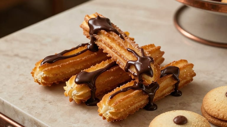A beautiful close-up shot of a dessert spread featuring mini churros with chocolate dipping sauce and traditional Mexican wedding cookies. Arranged on a beige marble surface with copper accents in a North American / Mexican-American home.