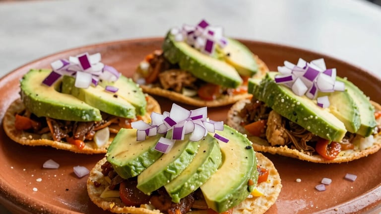 A professional food photography shot of several gourmet seafood tostadas topped with fresh avocado slices and picked red onions. The dish is presented on a handmade terracotta platter in a bright North American / Mexican-American patio setting.