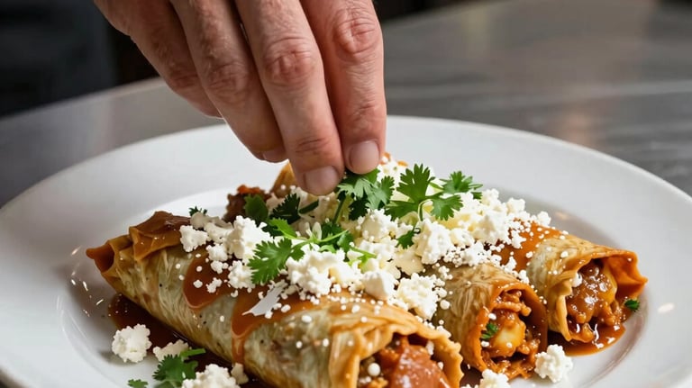 Photography of a chef's hand carefully garnishing a platter of Enchiladas Suizas with crumbled cotija cheese and fresh cilantro. Professional lighting, shallow depth of field, focused on the textures of the food in a high-end catering kitchen.