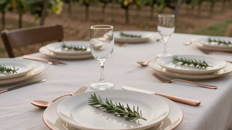 A vertical photograph of a wedding reception table setting with cream-colored plates, copper cutlery, and a small sprig of rosemary. In the background, a North American / Mexican-American vineyard setting at dusk.