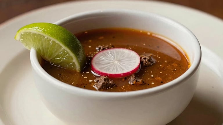Close-up photography of signature beef birria served with a small bowl of savory consommé, garnished with fresh lime and radish. Elegant plating on a cream plate, soft focus background of an upscale North American / Mexican-American restaurant.