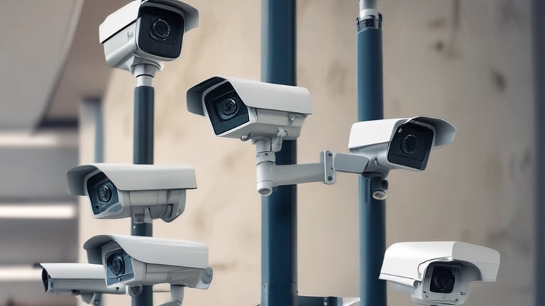 Close-up of a CCTV camera lens capturing footage.