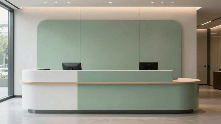 A minimalist and professional reception desk in a modern corporate building, featuring clean lines and Sage Green accents. Professional hospitality B2B environment.