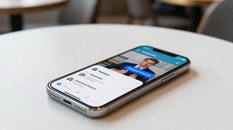 A modern smartphone showing a professional messaging interface, resting on a clean white tablecloth in a bright cafe. High-quality lighting, professional B2B context.