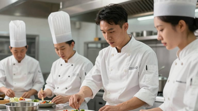 A professional trainer instructing a focused kitchen team in a modern culinary school or restaurant kitchen. Natural light, emphasize expertise and hands-on learning.