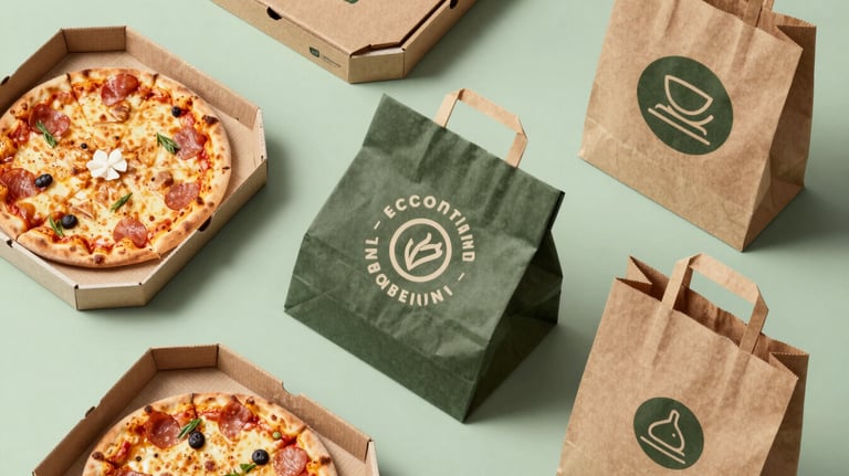 A top-down photograph of various eco-friendly food packaging samples like pizza boxes and branded paper bags arranged on a clean, light green surface.