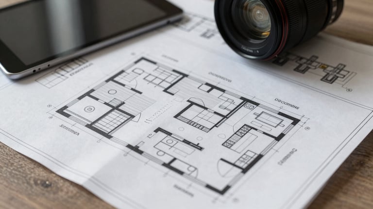 A detailed shot of a commercial kitchen blueprint and floor plan laying on a desk next to a professional tablet. Focus on precision and expert architectural planning.