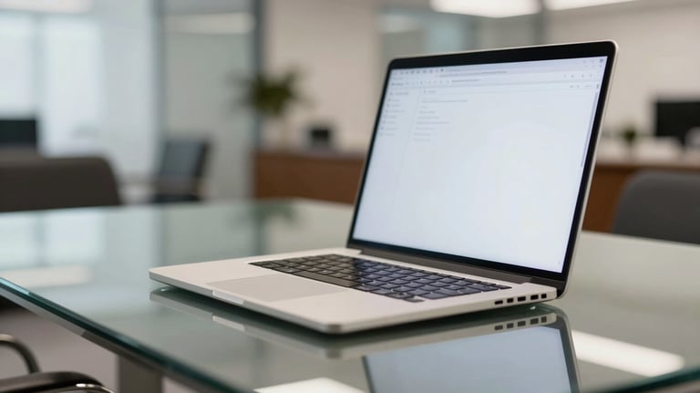 A close-up shot of a high-end laptop on a glass conference table in a modern corporate office, with a soft-focus hospitality setting in the background. Professional and efficient mood.