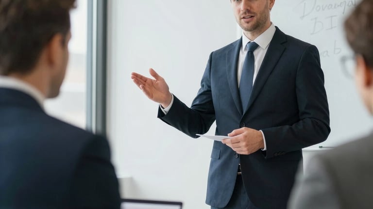 A consultant reviewing trade documents with a client in a bright office.