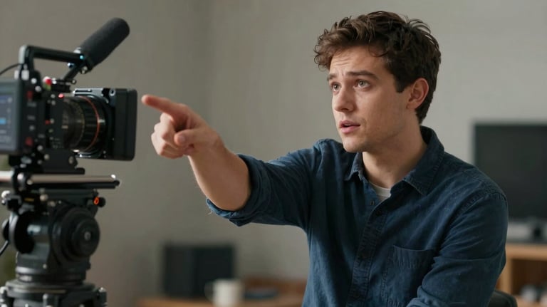 A young man directing a scene, pointing towards the set with a look of intense focus. He is wearing a dark slate blue shirt. The background is softly blurred cinema equipment.