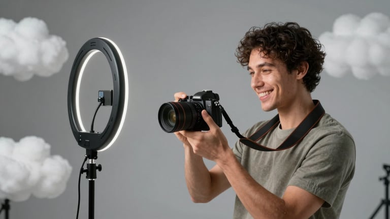 A vibrant shot of a content creator adjusting a ring light in a silver cloud grey studio. They are holding a sleek digital camera and smiling with professional energy.