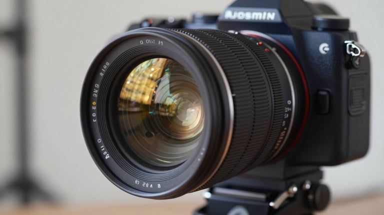 A close-up of a professional cinema lens, reflecting the golden lights of a film set. The body of the camera is a matte midnight navy.
