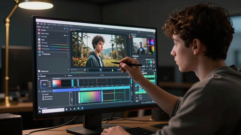 A side-profile shot of a student focused on a high-definition monitor, performing color grading on a cinematic scene. The room is dark with soft brass-colored accent lights.