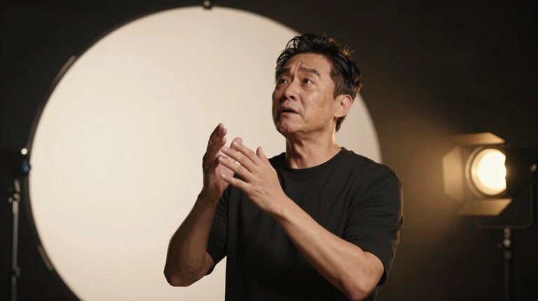 A professional actor in a spotlight, performing a dramatic scene in a dark studio. The lighting is a mix of off-white and warm gold, highlighting emotional intensity.