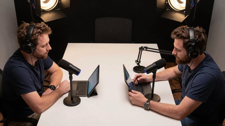 An overhead shot of a podcast recording session in progress. Two creators sit at a table with professional mics, tablets, and brass-colored lighting fixtures above them.