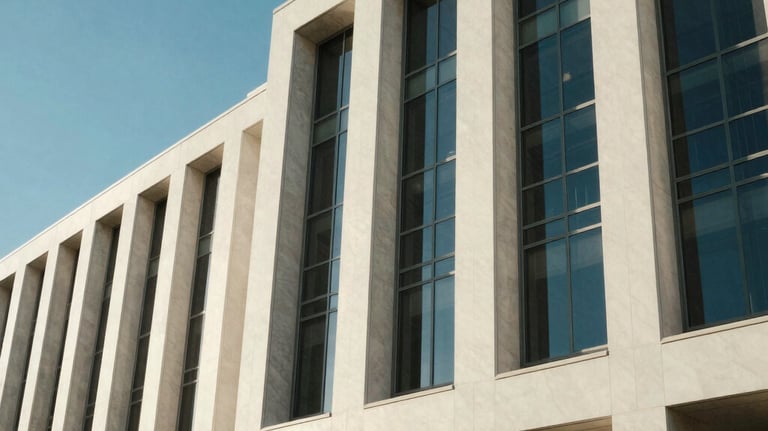 An architectural detail of a modern Australian civic building, showing clean geometric lines and blue glass under a clear sky.