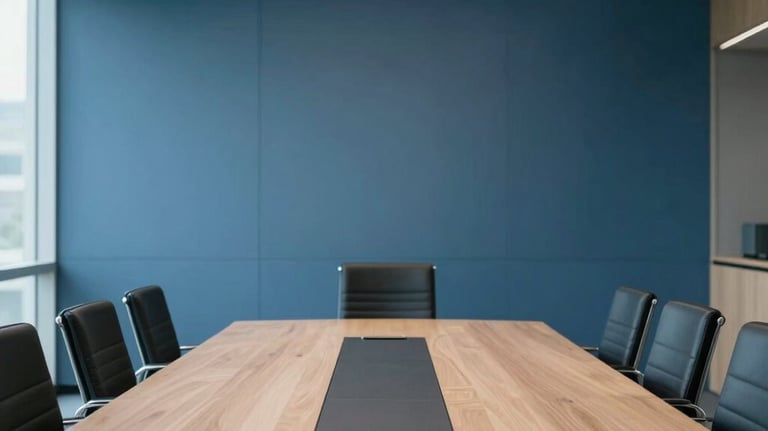 A minimalist photography shot of a modern government boardroom in Australia, featuring professional blue tones and bright natural light.