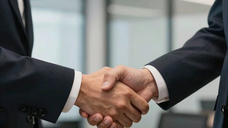 A close-up of a professional handshake between two people in business attire within a contemporary Australian office setting.