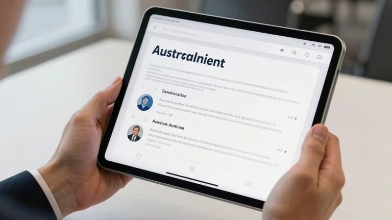 A focused shot of an Australian professional's hands using a tablet displaying a clean, professional interface in a brightly lit government building.