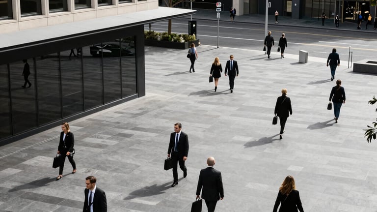 A high-angle view of a modern Australian city square with clean urban design and professional people walking to work.