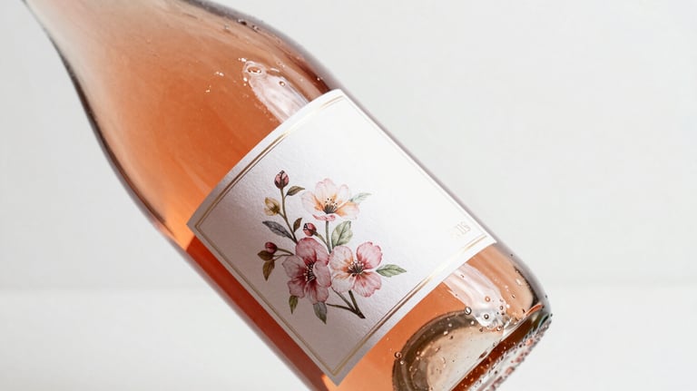 A bottle of Rosé wine with a delicate, personalized floral label design, professional studio photography on white background.