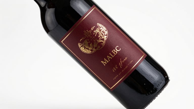 A bottle of Malbec wine with a deep burgundy label and gold laser engraving, professional studio photography on white background.