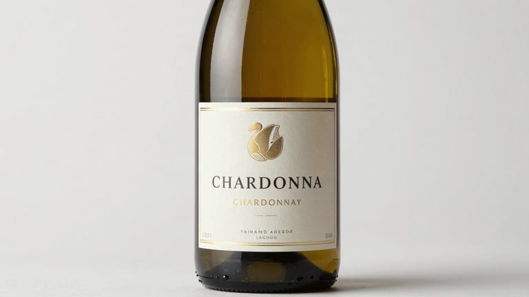 A bottle of Chardonnay wine with a sophisticated custom label in cream and gold tones, professional studio photography on white background.
