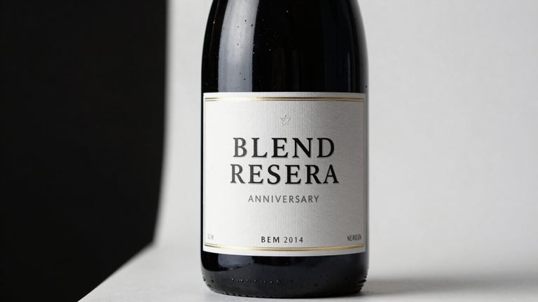 A bottle of Blend Reserva wine with a custom label celebrating an anniversary, professional studio photography on white background, sharp focus.