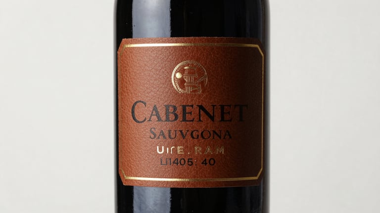 A bottle of Cabernet Sauvignon wine with a personalized leather-textured label, professional studio photography on white background.