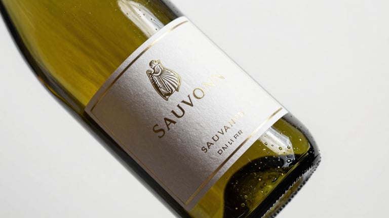 A bottle of Sauvignon Blanc wine with a custom metallic label, professional studio photography on white background.