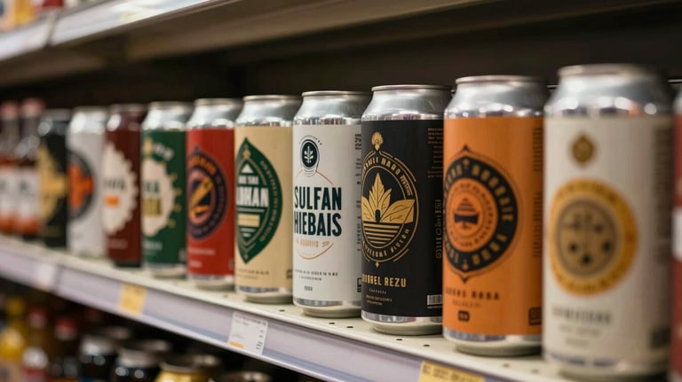 A row of colorful craft beer cans with modern labels displayed on a metal shelf in a South American / Brazilian shop, warm sand tones.