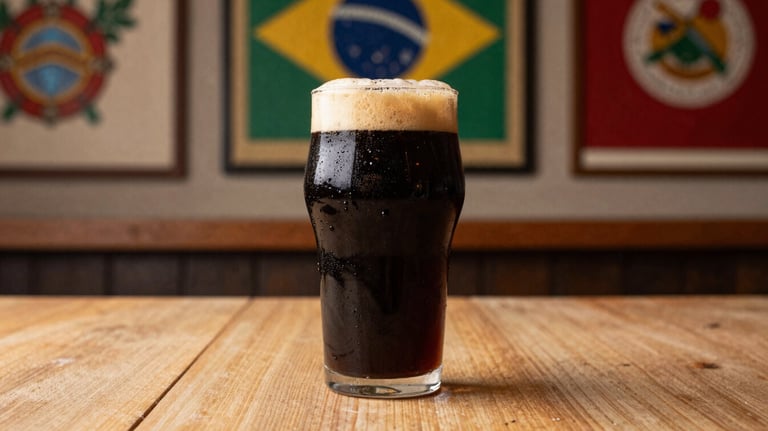 A tall glass of dark Stout beer on a warm sand colored wooden table, industrial South American / Brazilian decor in the background.