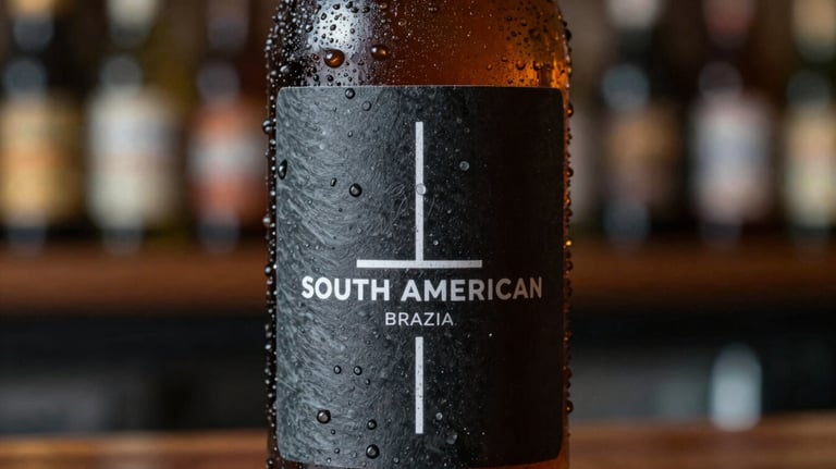 Close up of a cold craft beer bottle with drops of water, dark slate label with minimalist design, South American / Brazilian urban bar setting.
