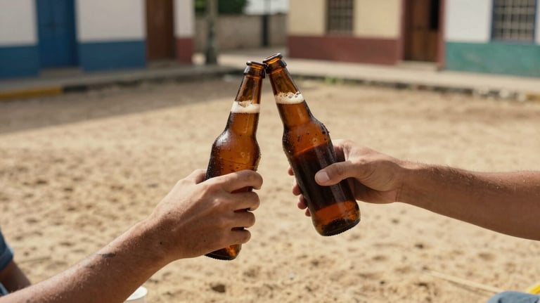 An overhead shot of two friends clinking amber-colored craft beer bottles in a South American / Brazilian urban courtyard, warm sand light.