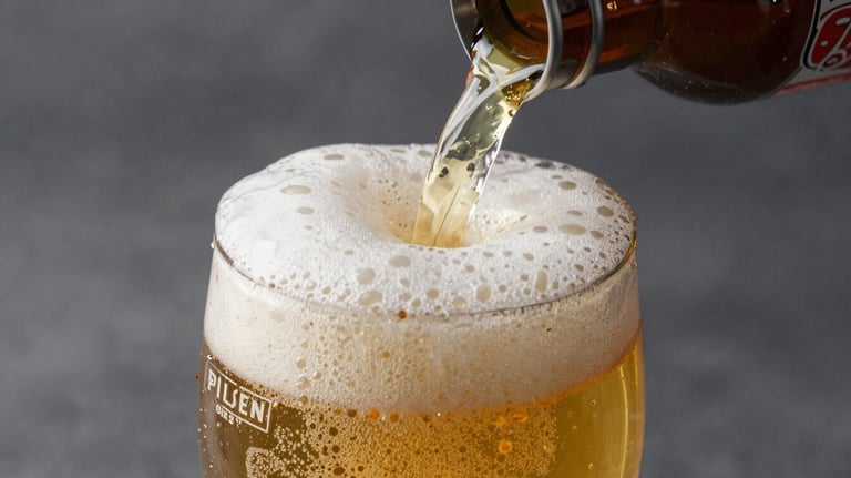 A macro shot of a crisp Pilsen draft beer being poured, golden liquid and white foam, dark slate and mist grey background.