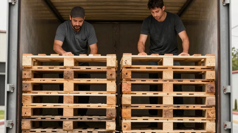 A CycleLift truck loading wooden pallets at a busy warehouse dock