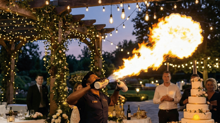 Professional fire breather performing at an elegant outdoor wedding reception under string lights.
