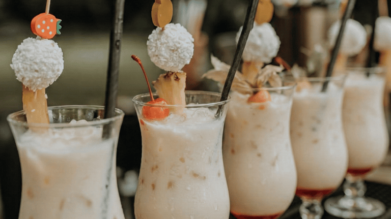 Tropical Pina Colada cocktails garnished with coconut balls and cherries lined up at an outdoor bar.