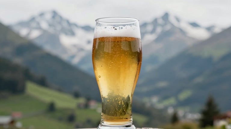 A glass of bright golden pilsner with a fine white head, held against a soft focus background of sage green valleys and soft snow white peaks.