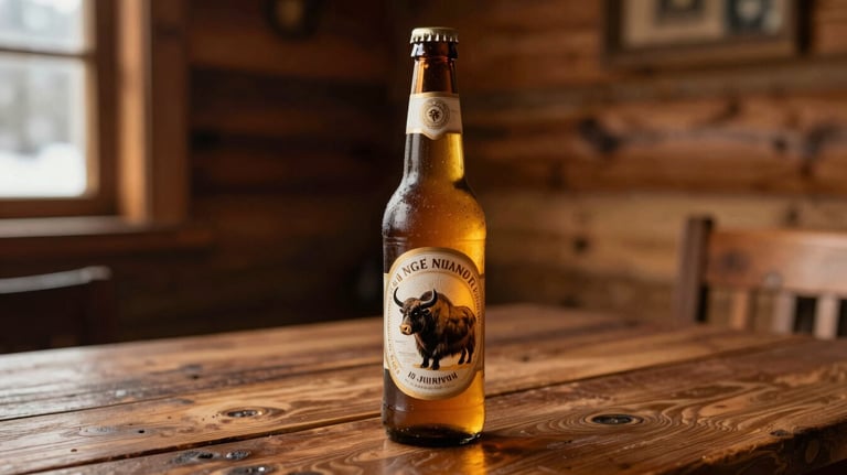 A golden-brown beer bottle with an elegant label featuring a yak, placed on an earthy brown wooden table inside a cozy mountain cabin.