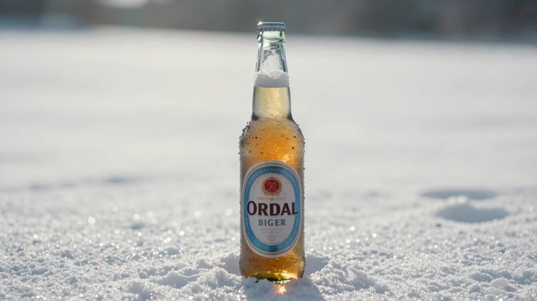 A chilled, condensation-covered bottle of lager on a bright, soft snow white surface, reflecting the purity of its glacial water origin.