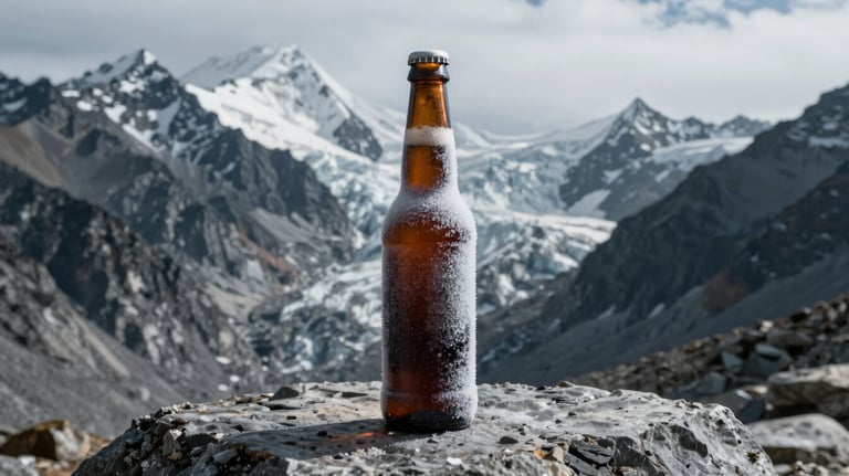 A frosty bottle of dark beer standing on a weathered stone, with the dark slate grey peaks and soft snow white glaciers of the Himalayas in the background.