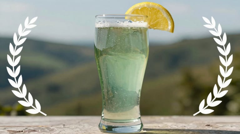 A hazy wheat beer served in a tall glass with a lemon slice, the sage green colors of the foothills reflected in the glass, bright natural lighting.