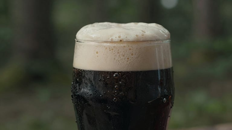 A detailed close-up of a rich, dark porter in a rustic glass, the dark slate grey liquid topped with a thick, creamy head, set against a blurred sage green forest.