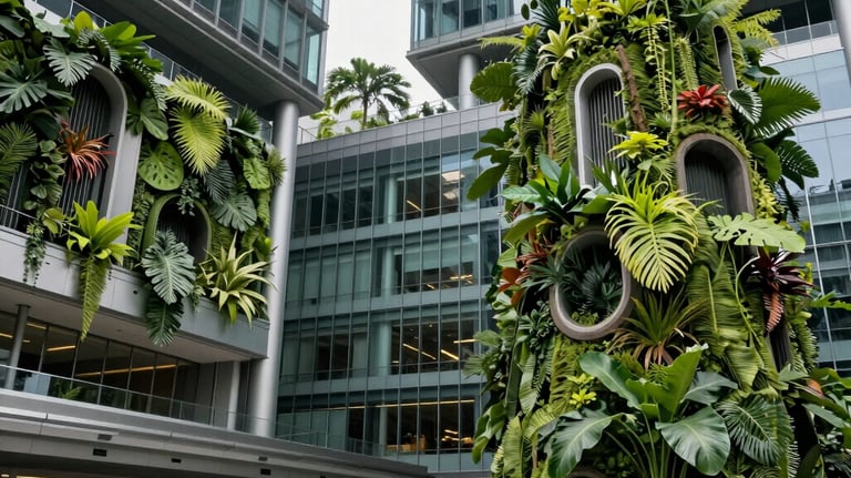 Photography of a high-tech Singapore university campus featuring lush vertical gardens and modern glass buildings. International Student / Global Audience in a professional setting.