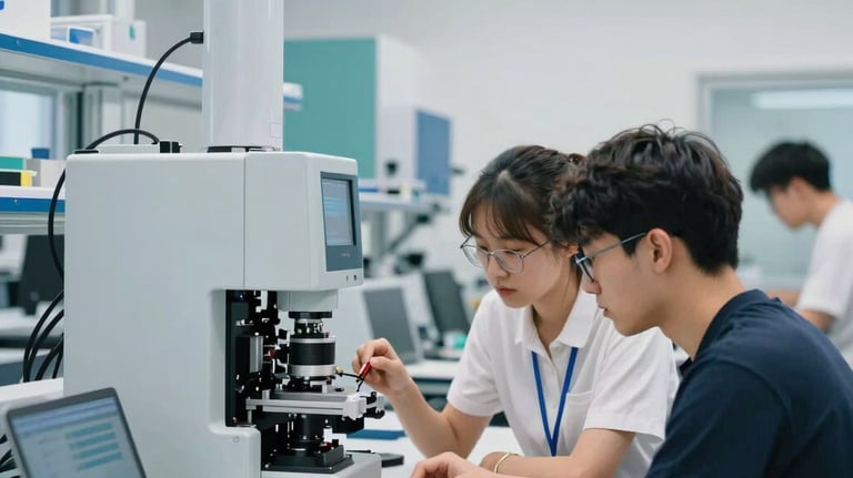 Photography of a modern engineering laboratory in Germany, students focused on a project with high-tech equipment. Clean, bright, light gray and teal color palette.