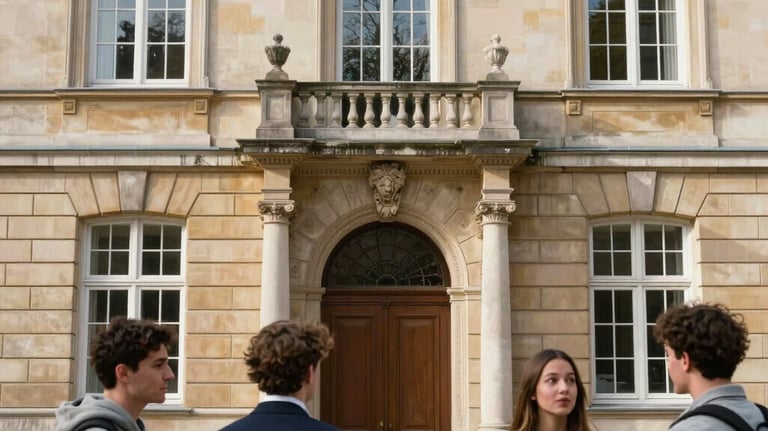 Photography of a historic European university facade with modern students of diverse backgrounds conversing. Soft morning light, professional and supportive mood.