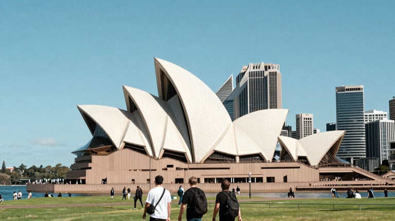 Clean, bright photography of the Sydney Opera House and modern city skyline. International Student / Global Audience walking in a clean urban park under a bright blue sky.